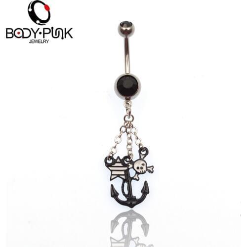 BODY PUNK White Satr Skull Black Anchor 1Pc Dangle Navel Ring Stainless Steel Belly Button Rings Body Piercing Jewelry NR 042