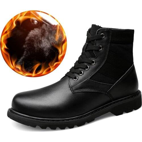 Mens Warm Plush Winter Boots Genuine Leather Shoes Cowboy Botas Black Ankle Botas Military Tactical Snow Boots Big Size 37-48