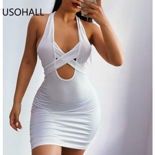 USOHALL New Bandage Halter Neck Summer Women Dresses Sexy Backless Hollow Out Clubwear Party Beach Mini Dress