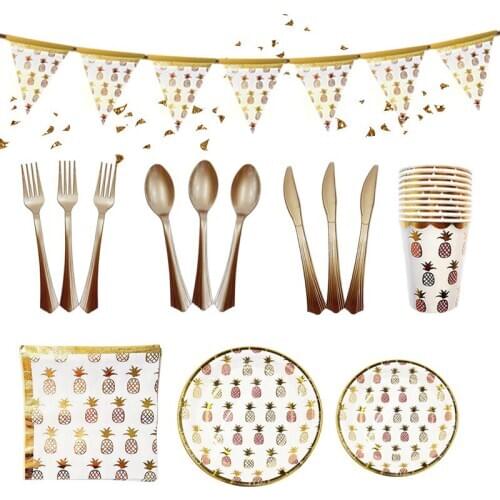 New Bronzing Pineapple Disposable Tableware Gold Plastic Plate Napkins Paper Cups For Wedding Birthday Decoration Party Supplies