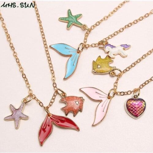 MHS.SUN Adorable Design Girls Kid Mermaid Tail/Fish/Heart Pendant Necklace Child Alloy Chain Necklace Cute Jewelry