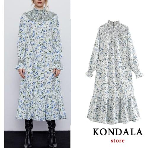 Women dress za 2020 vintage floral print ruffles loose dress long sleeve mid-calf ruffled dresses female elegant vestidos mujer