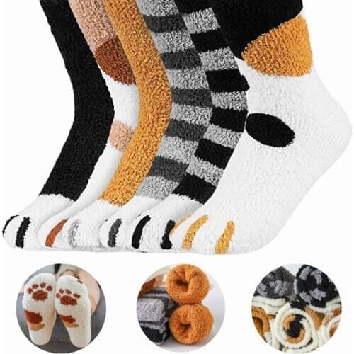 RUOMU Women Cute Cat Paw Fuzzy Crew Socks Fluffy Slipper Novelty Winter Warm Soft Cozy Cartoon Casual Ladies Plush Sleep Sock