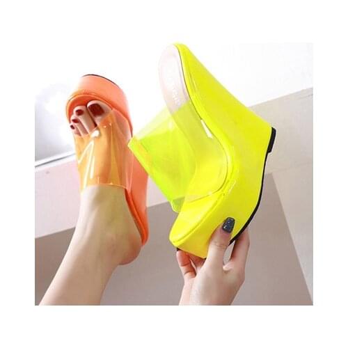 Transparent Women Slippers Fashion Summer High Heel 16CM Slippers Flip Flops Slipper Ladies hoes Wedge Platform Beach Shoes