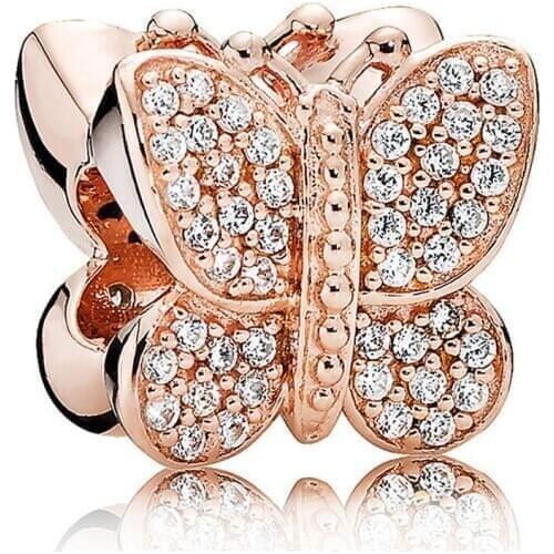 Sparkling Butterfly Charm Rose & Clear CZ Bead for Women Bracelet Bangle Authentic S925 Silver DIY Jewelry