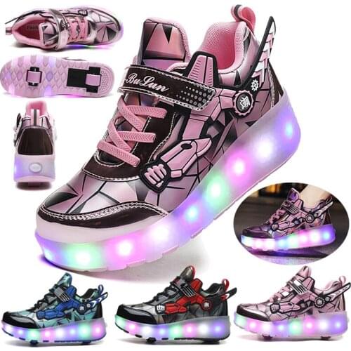 Nieuwe Kinderen Tweewielige Lichtgevende Sneakers Jongens Mode Led Licht Schoenen Lichtgewicht Roller Schoenen Meisjes Usb
