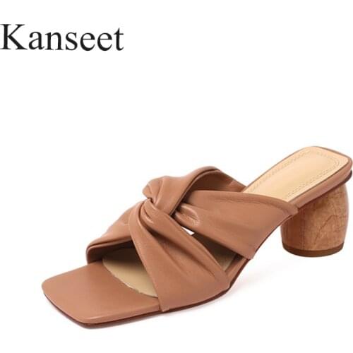 Kanseet Pleated Design 2021 Summer Women Shoes Round Heels Slippers Square Toe Soft Microfiber Leather High Heel Female Footwear
