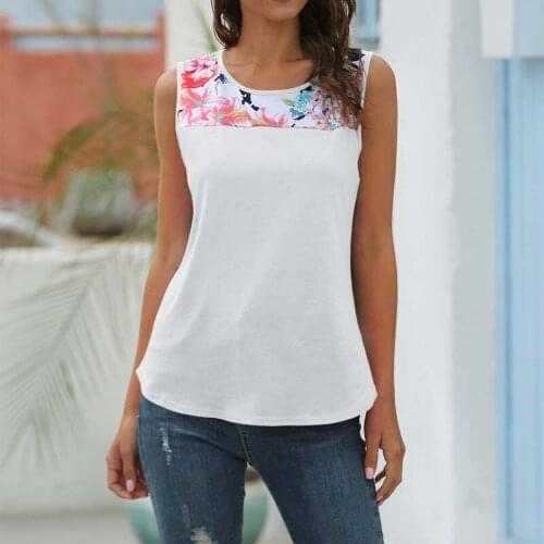 Sleeveless Print Patchwork O Neck T Shirt Women Casual Loose Beach Streetwear Tops Female Summer Tank Tops Tee Shirt