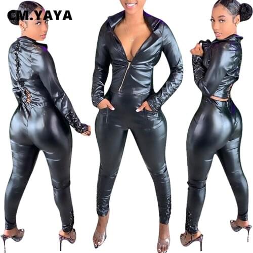 CM.YAYA Activewear Faux Leather Womens Set Lace Up Zipper Jacket Legging Pants Set Moto Biker Tracksuit Two Piece Set Outfits