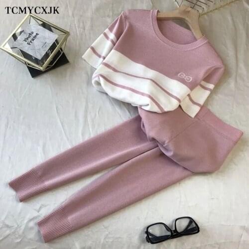 Tracksuit Women Summer 2021 Korean Fashion Butterfly Stripe Print Knitted Sweaters Ladies Short Sleeve Top+Elastic Woman Pants