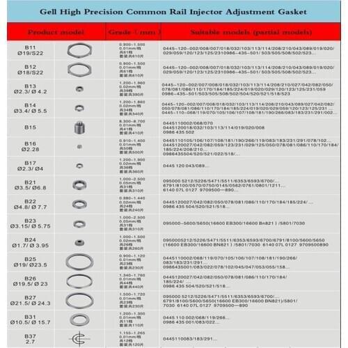 B11 B12 B13 B14 B16 B21 B22 B23 B24 B25 B26 B27 B31 B42 B37 Common Rail Injector Adjustment Washers Shims Gasket Repair Kits