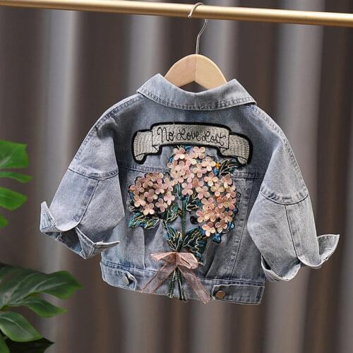Children Clothes Kids Denim Jackets for Girls Baby Flower Embroidery Coats Fashion Child Kids Outwear Ripped Baby Jeans Jackets