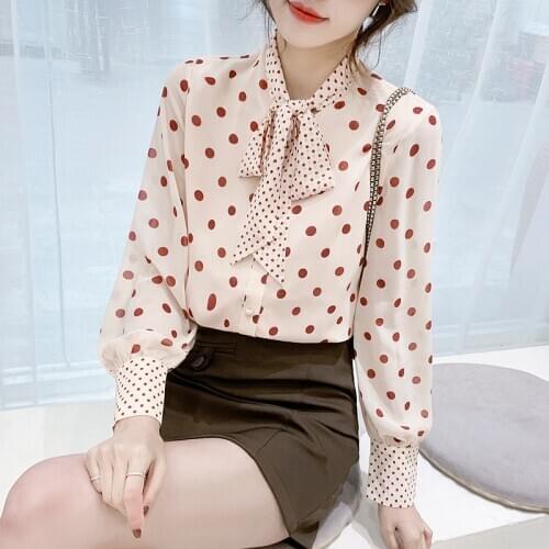 Elegant Ladies Blouse Bowknot Women Tops Chiffon Polka Dot Printed Shirt Long Sleeve Top Undefined