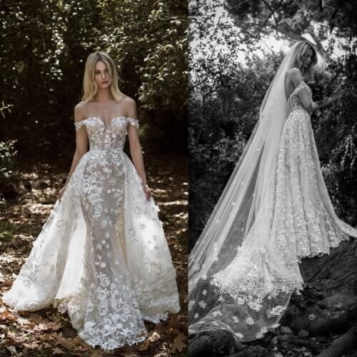 2020 Illusion Mermaid Wedding Dresses With Detachable Train Off Shoulder Lace Country Wedding Gowns Robe De Mariee