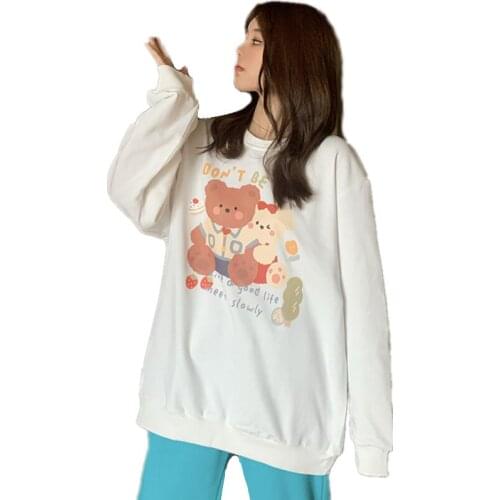 Harajuku Kawaii Strawberry Cake Cartoon Bear Graphic Print Sweatshirt Women Casual Loose Pullover Hoodies Teenagers Cute Clothes