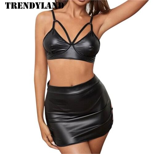 Trendyland Fashion Sexy Temptation Black Smooth Leather Exotic Sleepwear Lingerie Temptation Patchwork Underwear Nightdress