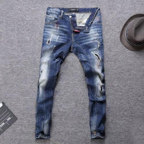 European Street Style Fashion Men Jeans Retro Blue Slim Fit Ripped Jeans Men Embroidery Paint Designer Hip Hop Denim Punk Pants