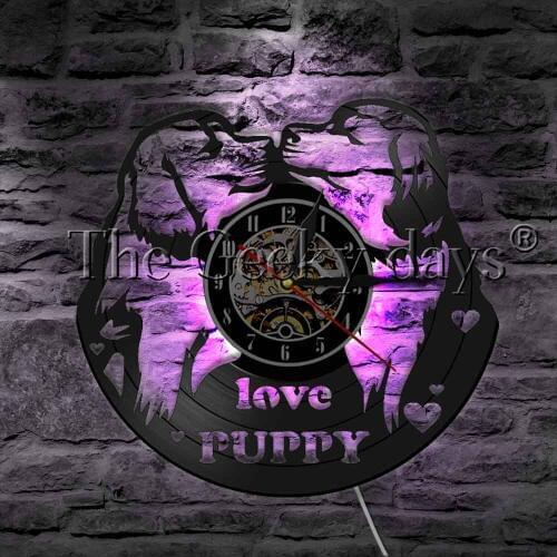 Adorable Pugs Kissing Love Puppy LED Hanging Light Vinyl Record Wall Clock Home Decor Wall Watch LED Wall Light