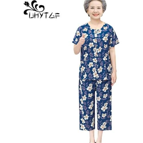 UHYTGF Sleepwear Women Cotton Silk Comfortable Summer Two-Piece Set Middle-Aged Elderly Thin Home Clothes 4XLPlus Size Suit 2123