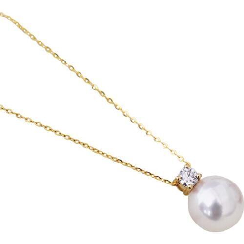 Real diamond princess pendant 8.5-10.5mm Natrual round pearl charm necklace in 18k Au750 gold with 45cm chains for women ladies