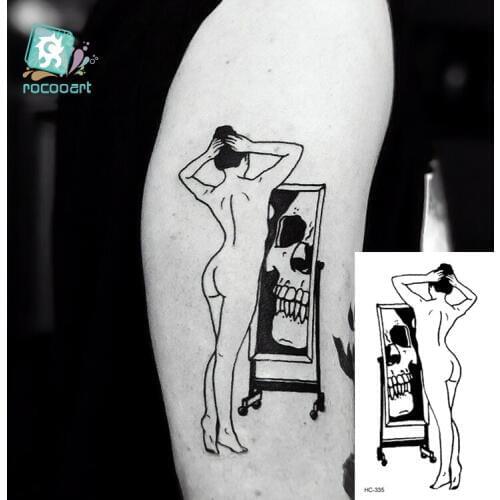 Rocooart Body Art Black White Drawing Little Element figure Floral Ballet GIrl Water Transfer Temporary Fake Tattoos Sticker
