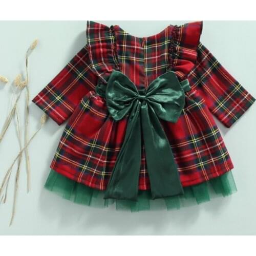 Newborn Christmas Dress, Baby Girls Plaid Fly Sleeve Round Neck Big Bowknot Mesh Patchwork Dresses
