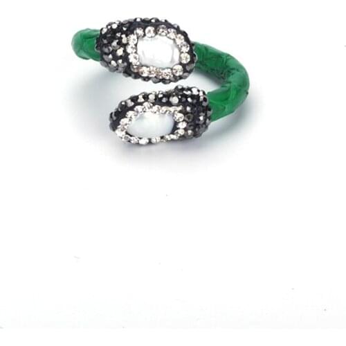 Handmade Freshwater Pearl End Bead Charm Pave Rhinestone Green Real Snake Leather Adjustable Stackable Open Rings Cuff For Women