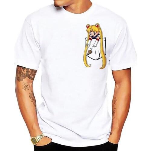 Japan anime cute sailor girl in pocket funny tshirt men summer new white short sleeve casual homme cool t shirt no glue print