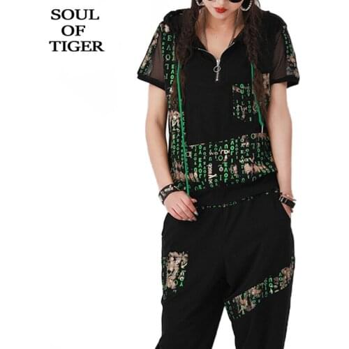 SOUL OF TIGER New Style Outfits Girls Printed Drawstring Tops And Elastic Harem Pant Women Mesh Spliced Fitness Two Pieces Sets
