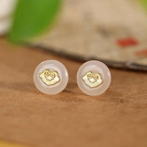 All the Best Natural Hetian Jade White Jade Stud Earrings Retro Simple 925 Sterling Silver Gold Plated Womens Earrings Original