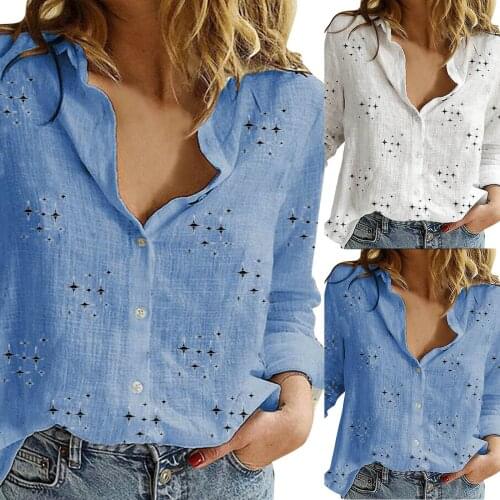 Women Lapel Buttons Shirt Long Sleeve Casual Top Stars Personalized Printing Solid Color All-match Soft Comfortable Girl T-Shirt
