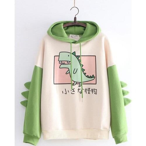 Cute Dinosaur Cartoon Hoodie Women Fashion Sweatshirt Casual Print Long Sleeve Korean Style Splice Tops Kawaii Clothes