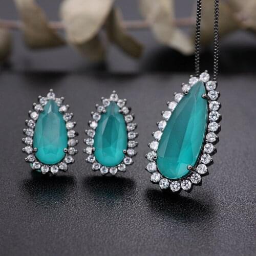 Water Drop Jewelry Sets For Women nature Stone with Crytal Glass Stud Earrings and pendant necklace 2018 Fashion Wedding Gift