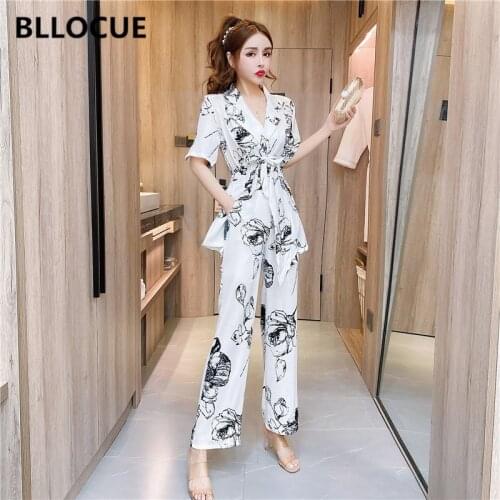 BLLOCUE New Fashion Summer Runway Suit Set Elegant Women Suit Collar Print Blouse+Wide leg Pants Occupation OL 2 Piece Set