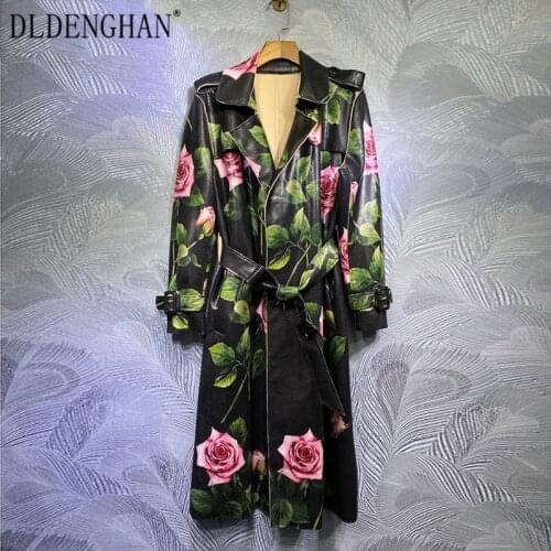 DLDENGHAN Fashion Rose Flower Print Trench Overcoat Women Long Sleeve Lace-Up Black Outwear Designer Spring New