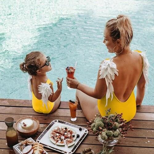 Lady Bodysuit Swimsuit European American Pure Color Wings Embellished Parent-Child Bikini Halter Swimwear Mom Daughter Swimwear