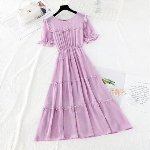 Ladies Vintage Chiffon Long Dress Elegant Casual Short Sleeve Ruffles High Waist Bohemian Women Summer Dress Vestidos Female