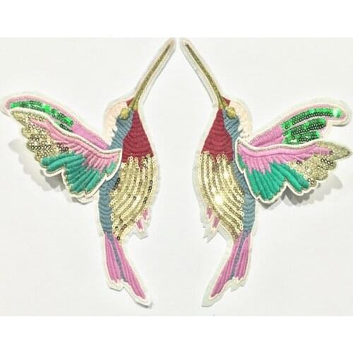 1 pair exquisite sequin hummingbird embroidered bird appliques patches for clothes sew on stripes clothing embroidery stickers