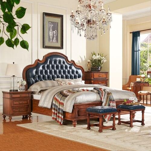 American country solid wood leather bed 1.8m double bed European style big bed wedding bed