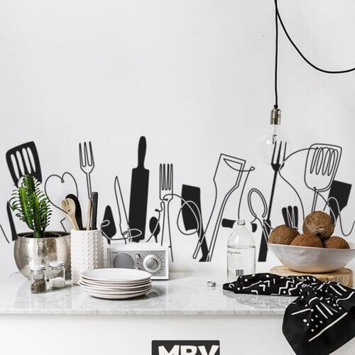 Cooking Seamless Pattern Cutlery Wall Sticker Dinnig Room Kitchen Utensils Cooking Cooker Wall Decal Living Room Vinyl Decor
