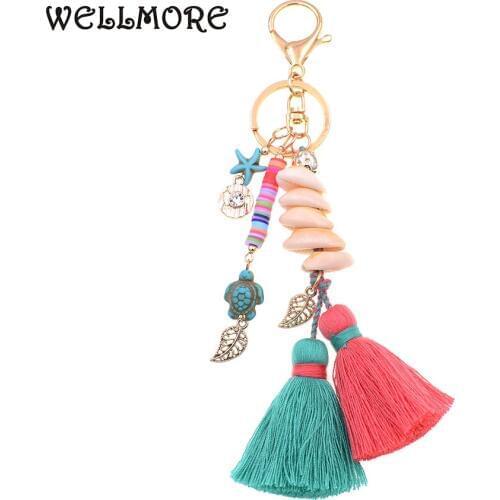 WELLMORE BOHO style keychain shandmade shell with long tassel alloy Key Chain For Women Girl Bag Keychain
