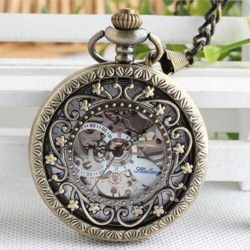 Black Steampunk Skeleton Mechanical Pocket Watch Men Antique Luxury Necklace Pocket & Fob Watches Chain Male Clock TJX042