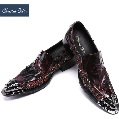 Christia Bella Mens Red Floral Printed Wedding Shoes Genuine Leather Handmade Oxfords Shoes Formal Business Suit Dress Shoes