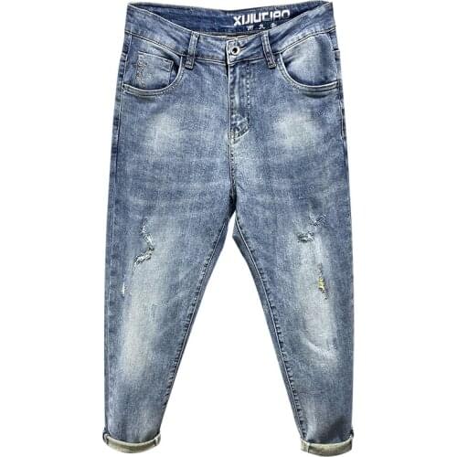 Jeans For Men 2021 Summer Capris Pants Light Blue Stretch Hip Hop Ripped Mens Cropped Trousers Fashion High Quality Harem Pants