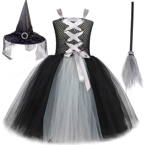 Gray Black Witch Halloween Costumes for Girls Kids Long Cosplay Dresses Tulle Outfit with Hat Broom Evil Queen Dress Up Tutus