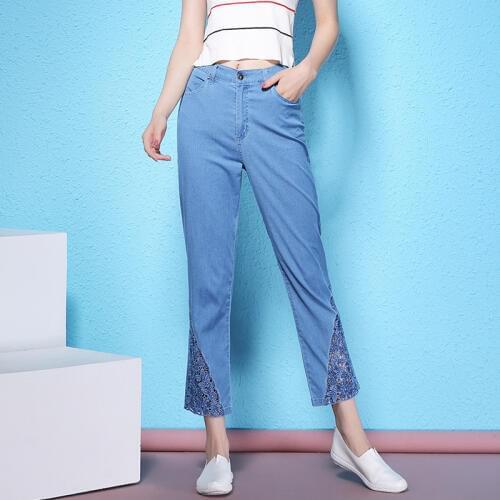 Summer large size jeans lace embroidery hollow out ankle-length jeans elastic cotton thin pencil jeans for women NW17B1083