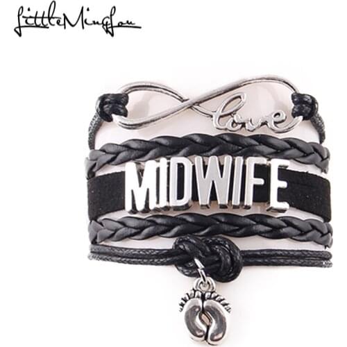 Little Minglou Infinity Love midwife bracelet feet charm leather wrap bracelets & bangles for women jewelry drop shopping
