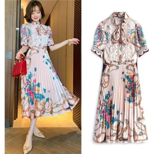 High Fashion Elegant Woman Dress Short Sleeve Chic Lace Patchwork Printed Pleated Dress New Summer Dress Women Vestidos SL227