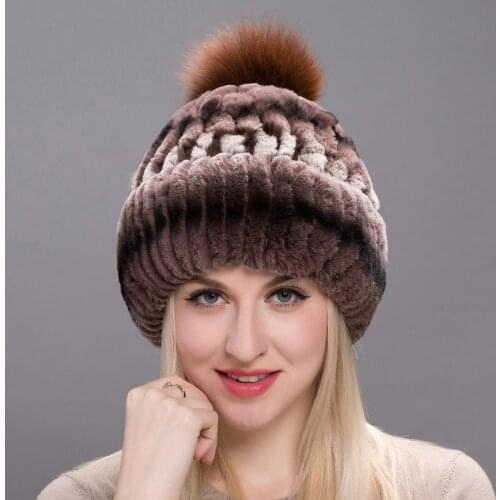 Winter Fur Female Leather Rex Rabbit Fur Removable Fox Fur Woolen Ball Cap Winter Women Cotton Lining Knit Cap THY17-14
