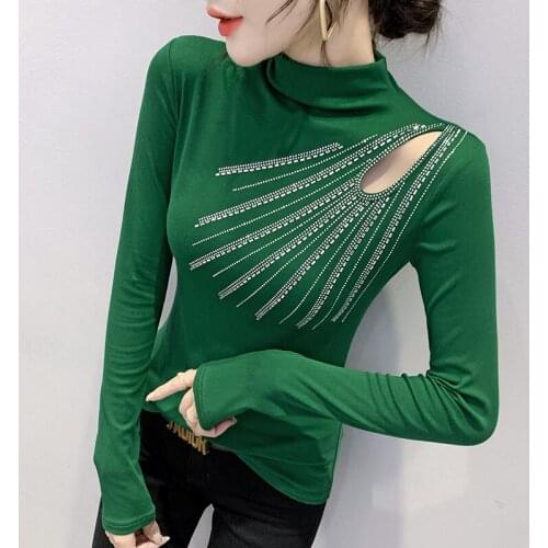 New 2021 Autumn Winter Women Clothing Fashion Long Sleeve Turtleneck Hot Drilling Womens T-Shirt M-3XL Plus Size Blusas